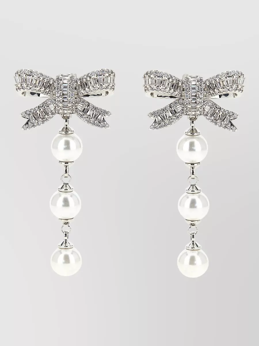 Self-Portrait crystal-embellished bow pearl drop earrings