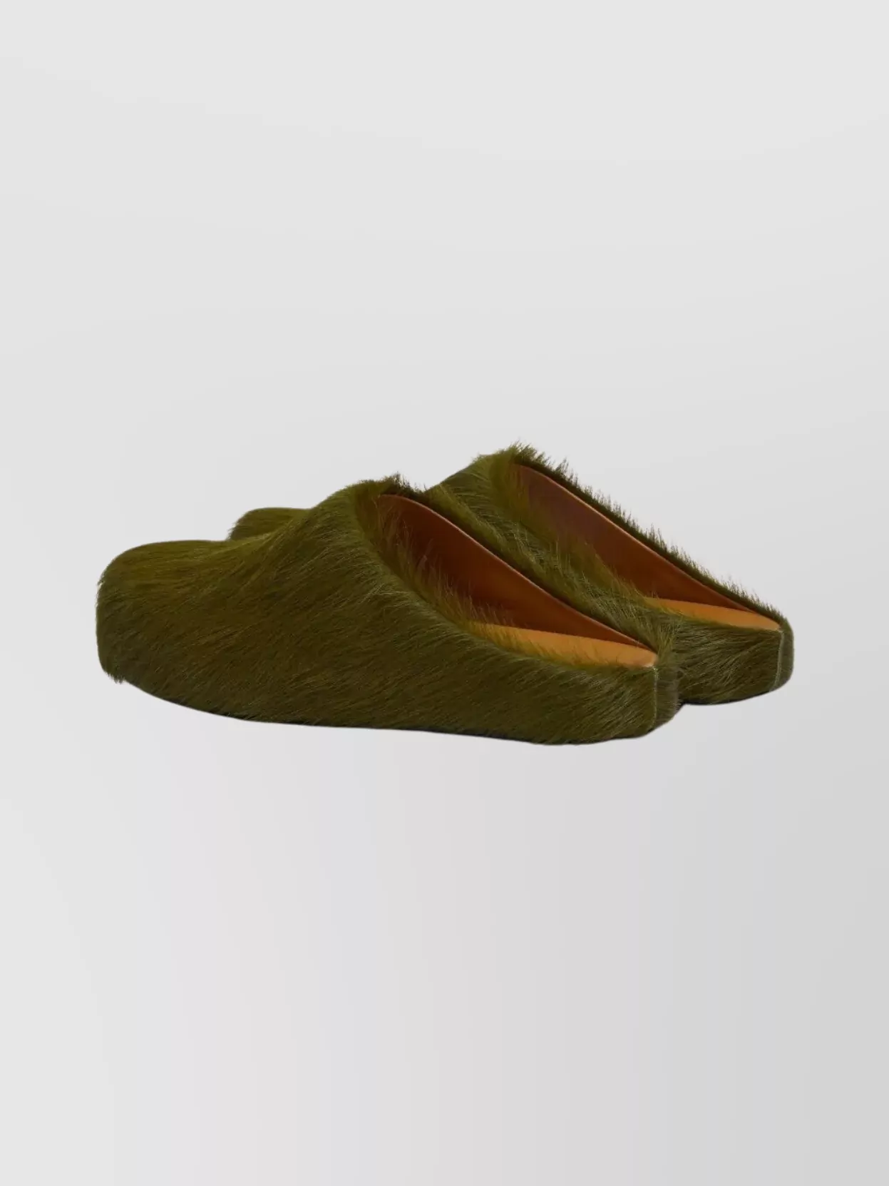 Marni Flat Leather Mules Faux Fur Texture In Green