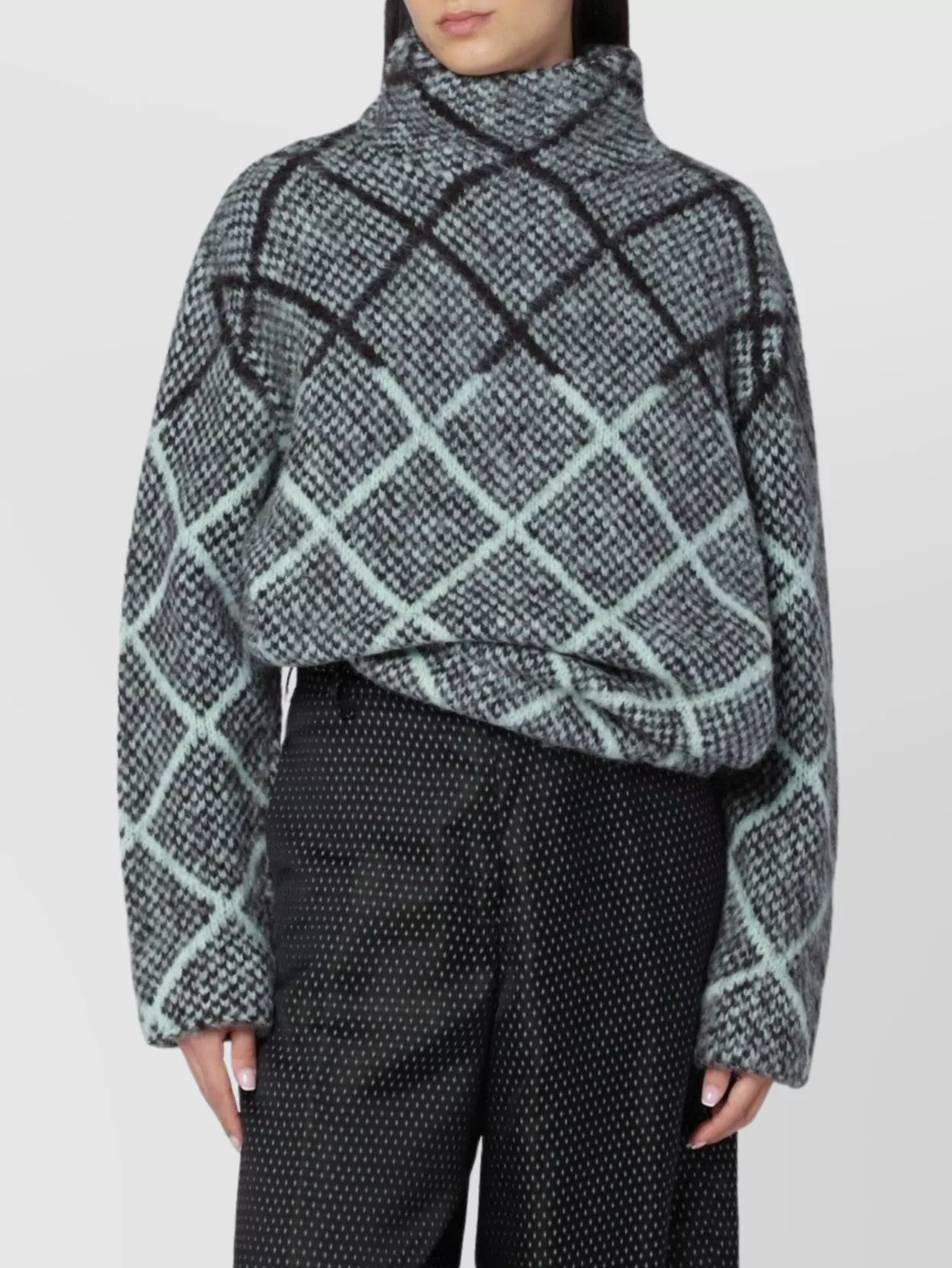 Dries Van Noten High Neck Long Sleeve Checked Sweater In Gray
