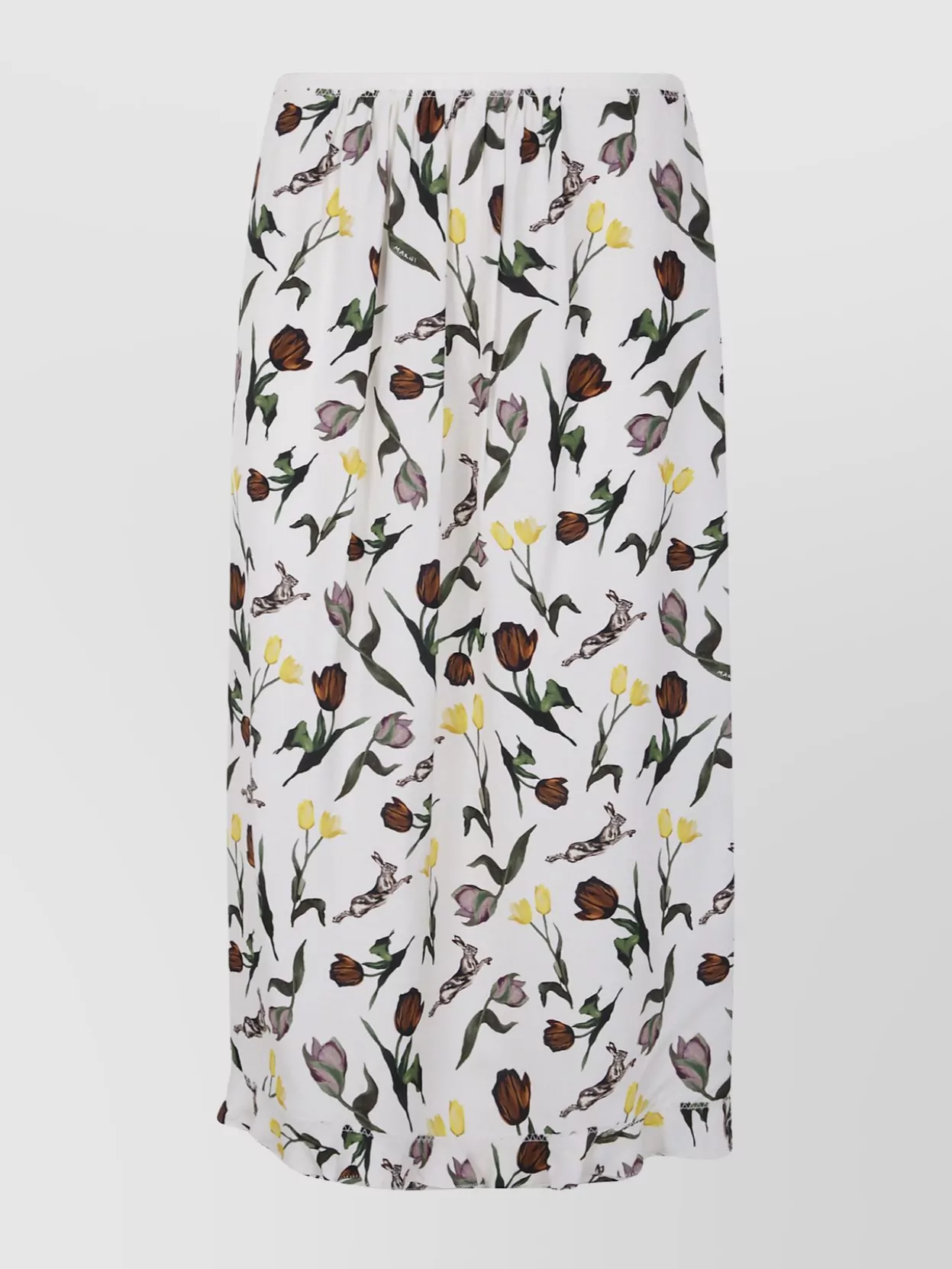 Marni Cream Envers Satin Midi Skirt With Tulips And Hares Print In Multi