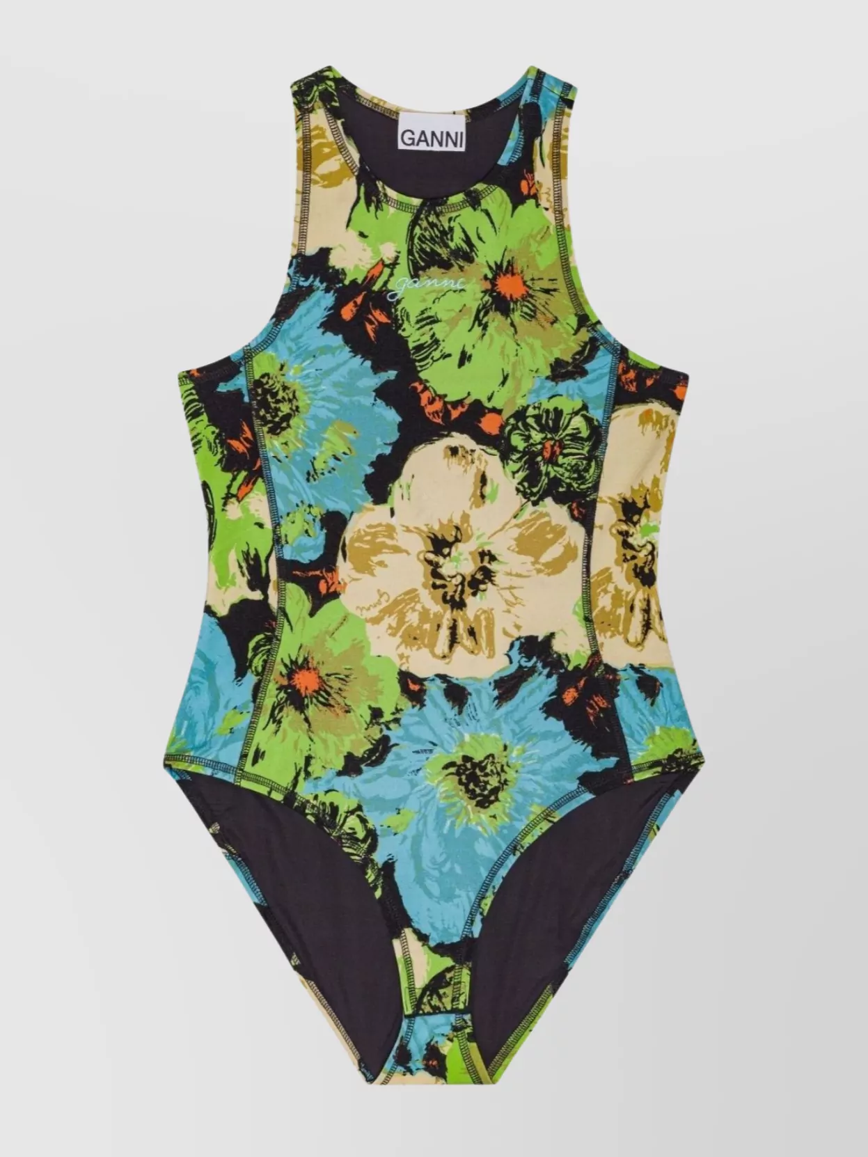 Ganni Floral Racerback Bodysuit In Stretch Fabric