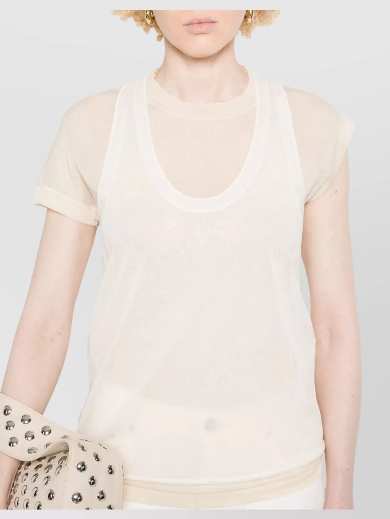 Pinko Layered Sheer Cotton T-Shirt With Cap Sleeves