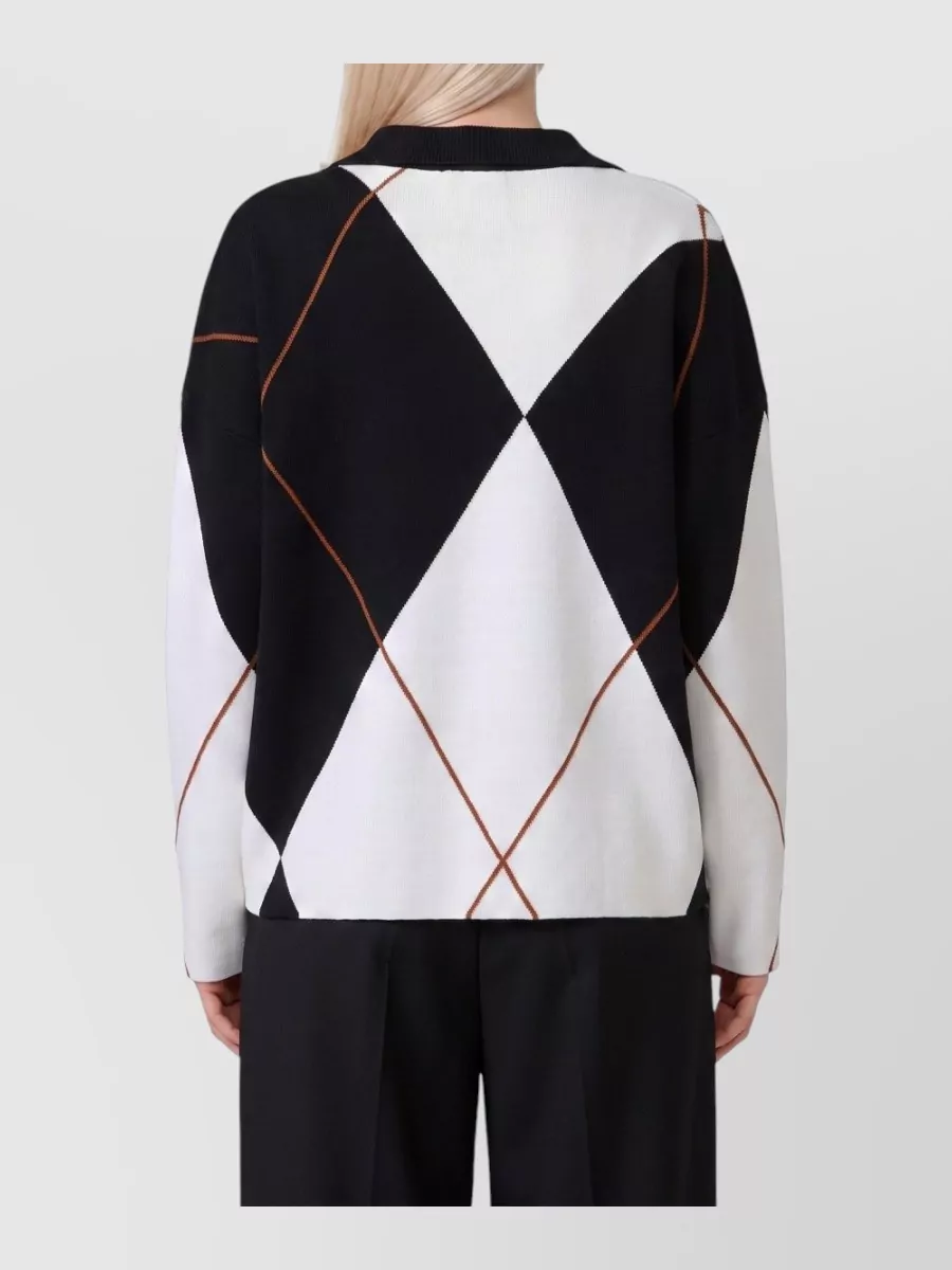 Max Mara Virgin Wool Ribbed High Neck Argyle Sweater