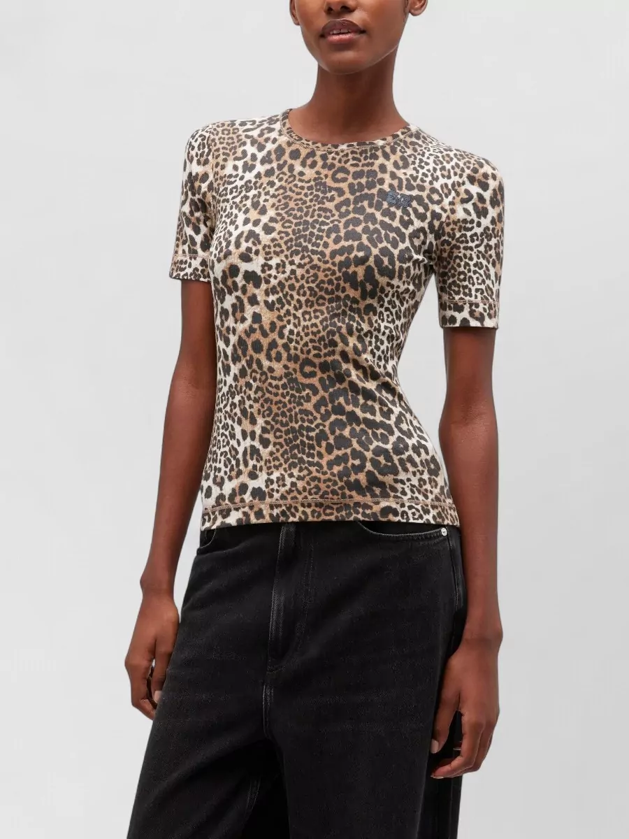 Ganni Ribbed Leopard-Print T-Shirt