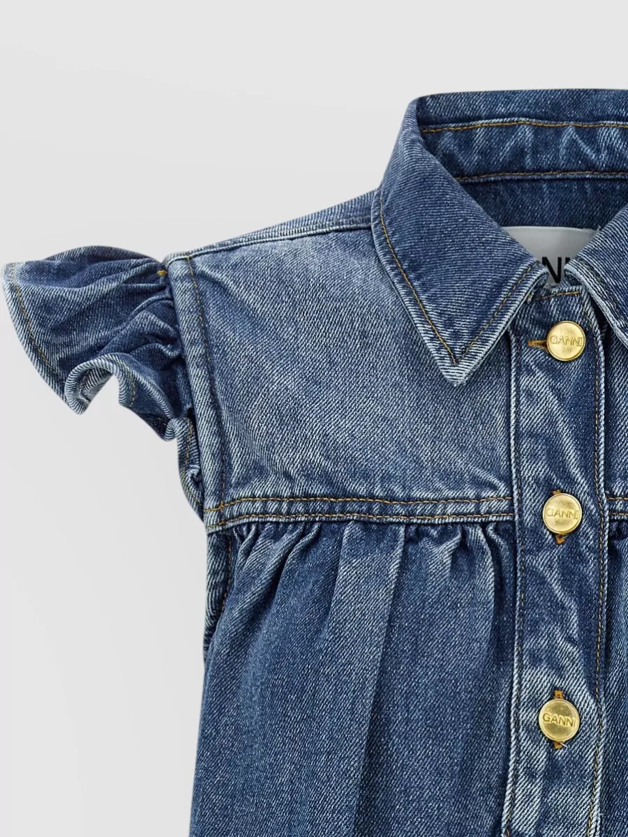 Ganni Denim Shirt Top Collared Neck Ruffle Sleeves