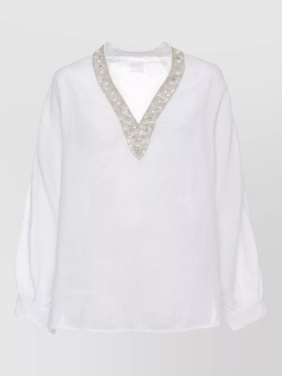 120% Lino Linen V-Neck Embellished Long-Sleeve Asymmetric Blouse