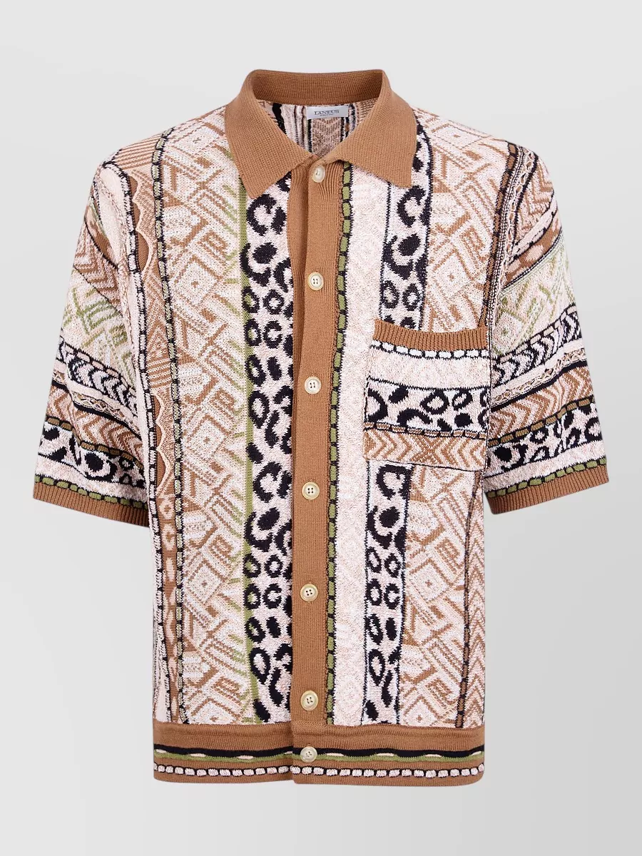 Laneus Mens Knit Shirt Mixed Pattern Pocket In Brown