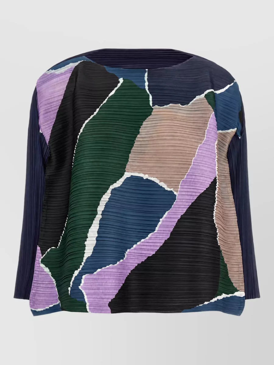 Pleats Please Issey Miyake Pleated abstract-print boat neck 3/4-sleeve blouse