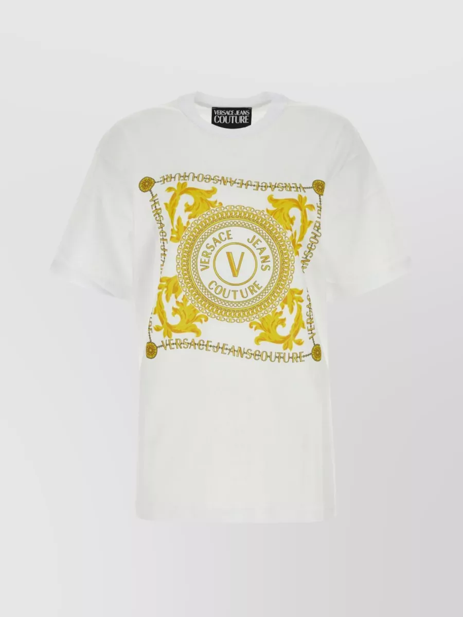 Shop Versace Jeans Crew Neck Cotton T-shirt With Graphic Print In Yellow