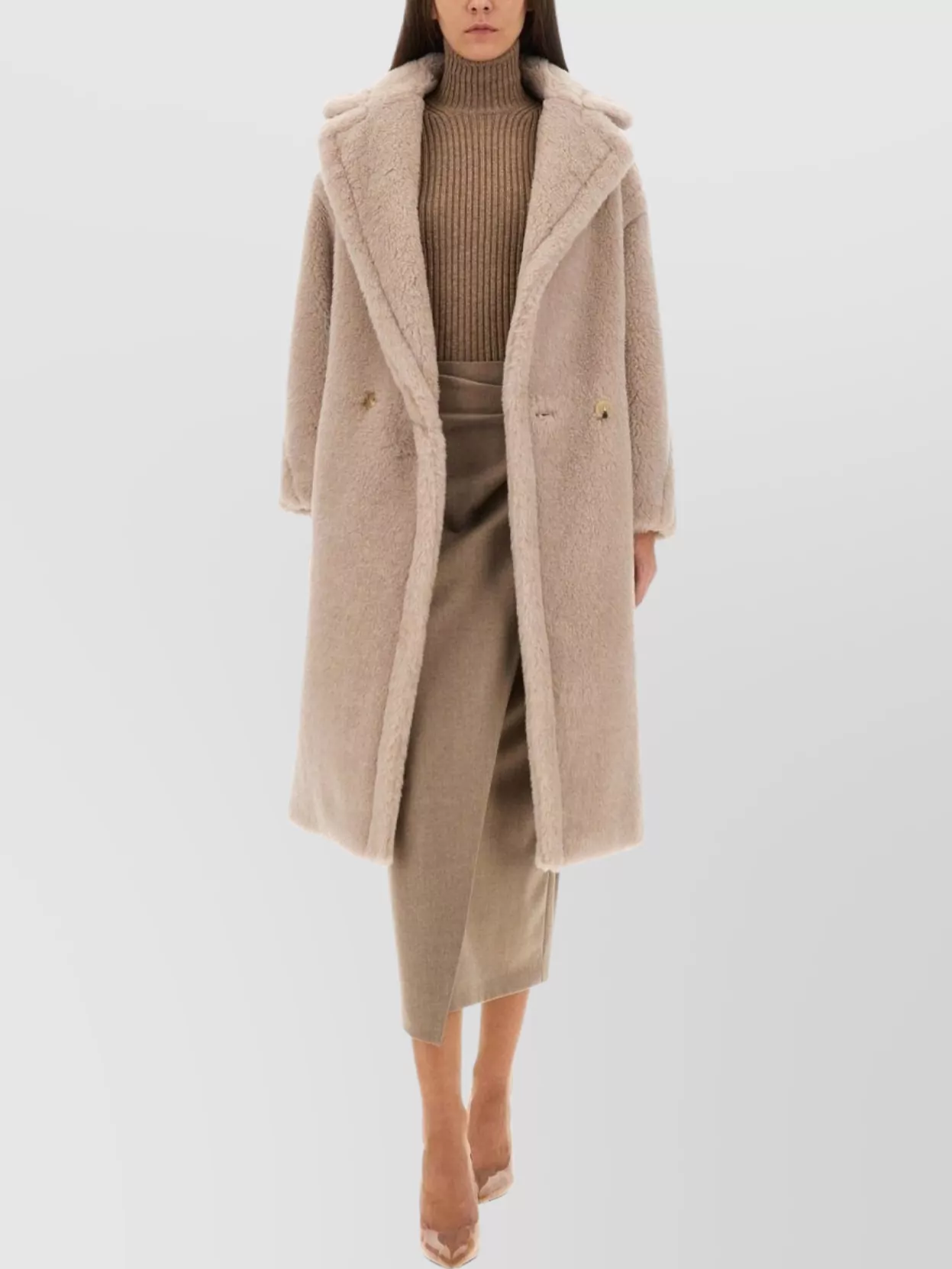 Max Mara Double Breasted Faux Fur Long Coat In Neutral