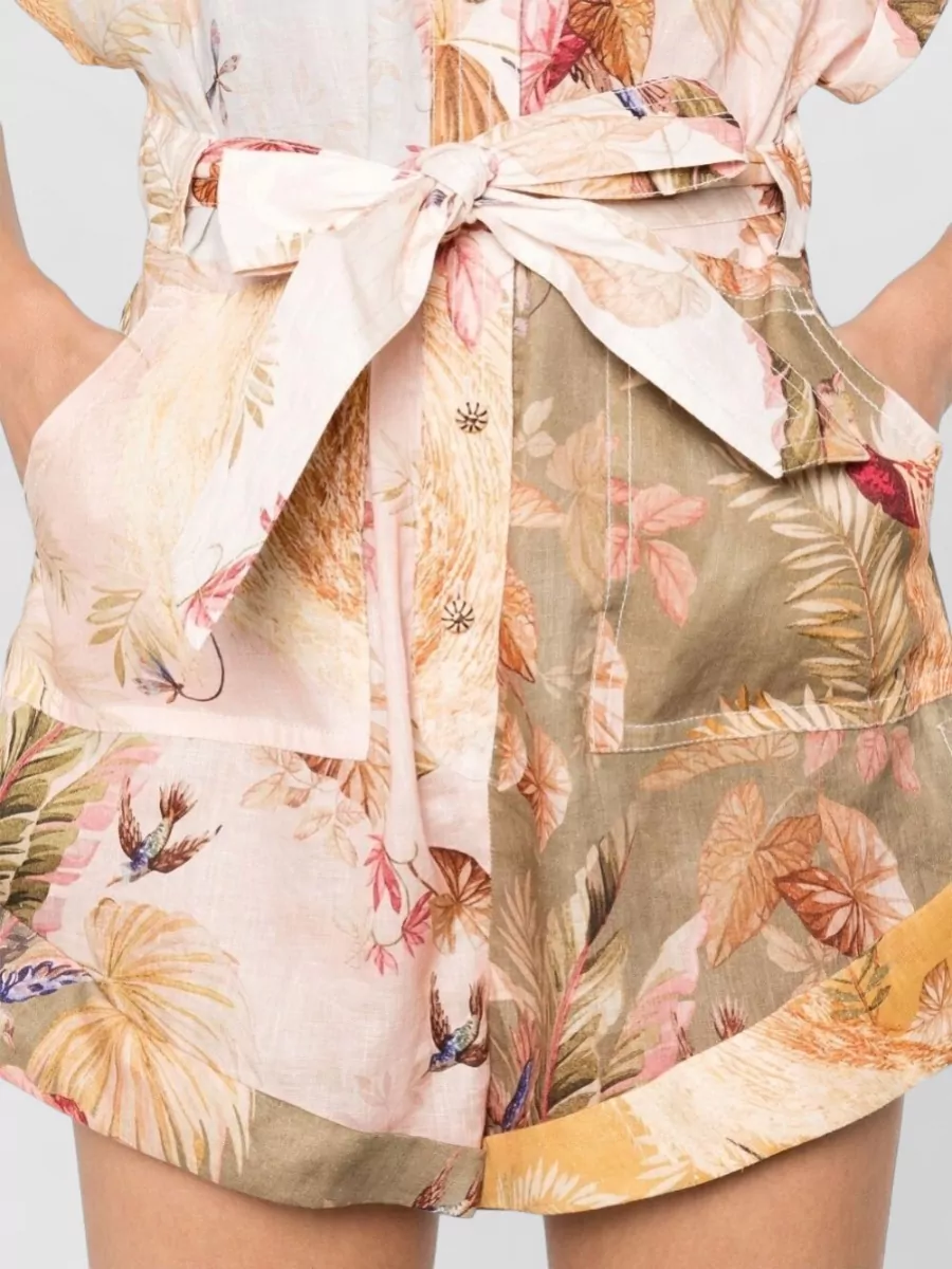 Zimmermann Linen Short-Sleeve Belted Playsuit