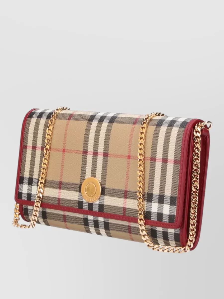 Burberry Check Pattern Wallet Gold Tone Chain Strap