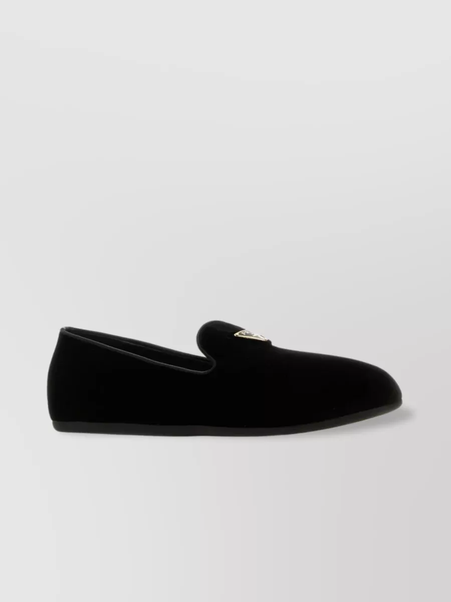 Shop Prada Velvet Loafers With Iconic Metal Triangle In Black