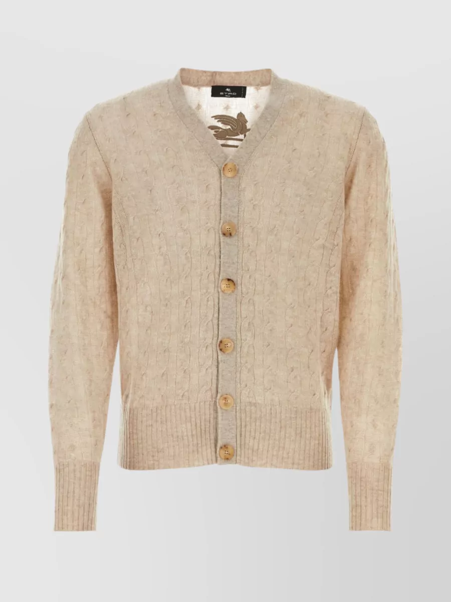 Shop Etro V-neck Cashmere Cable Knit Sweater In Cream