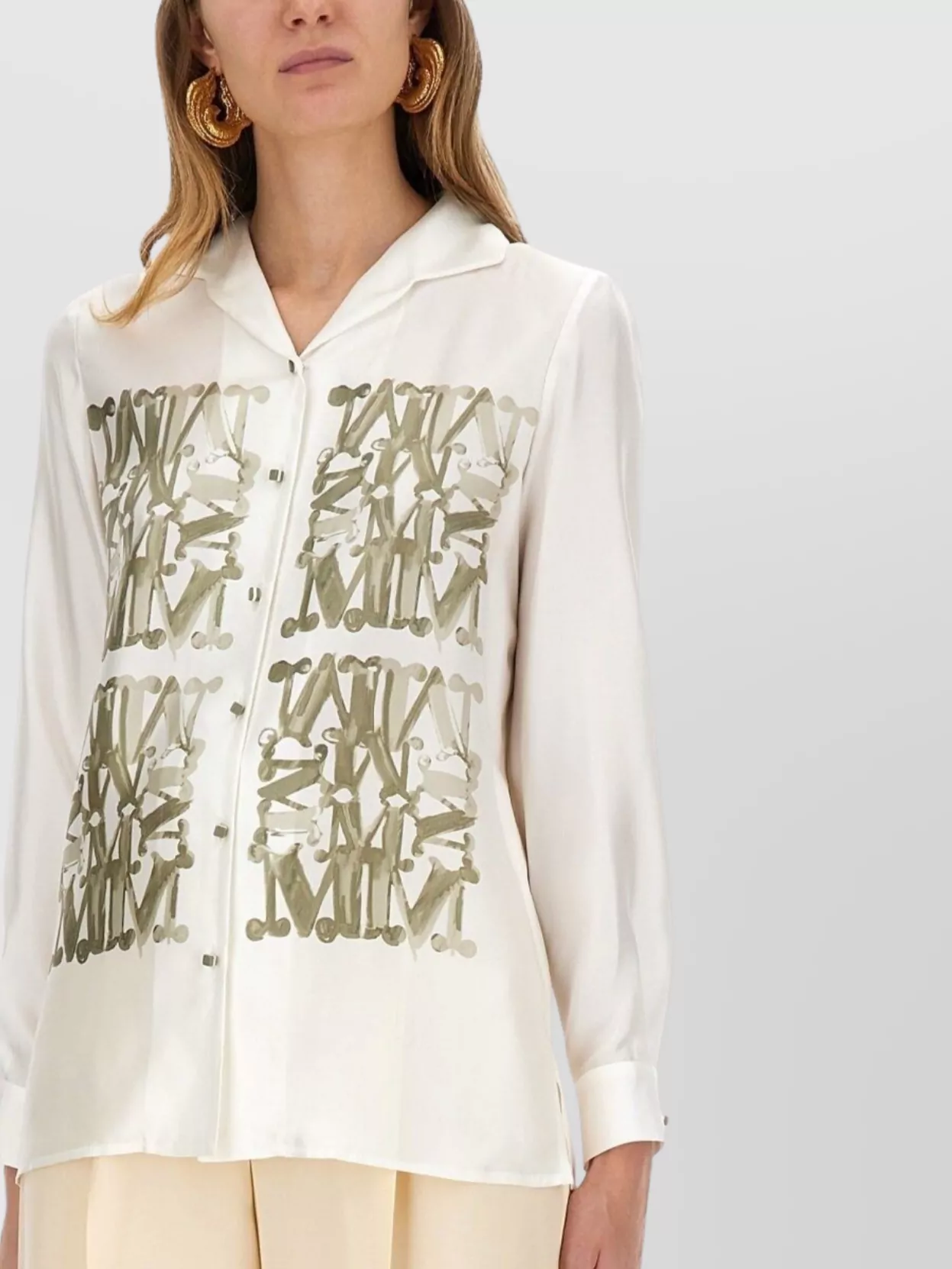 Max Mara Graphic Print Long Sleeve Collared Shirt In Neutral