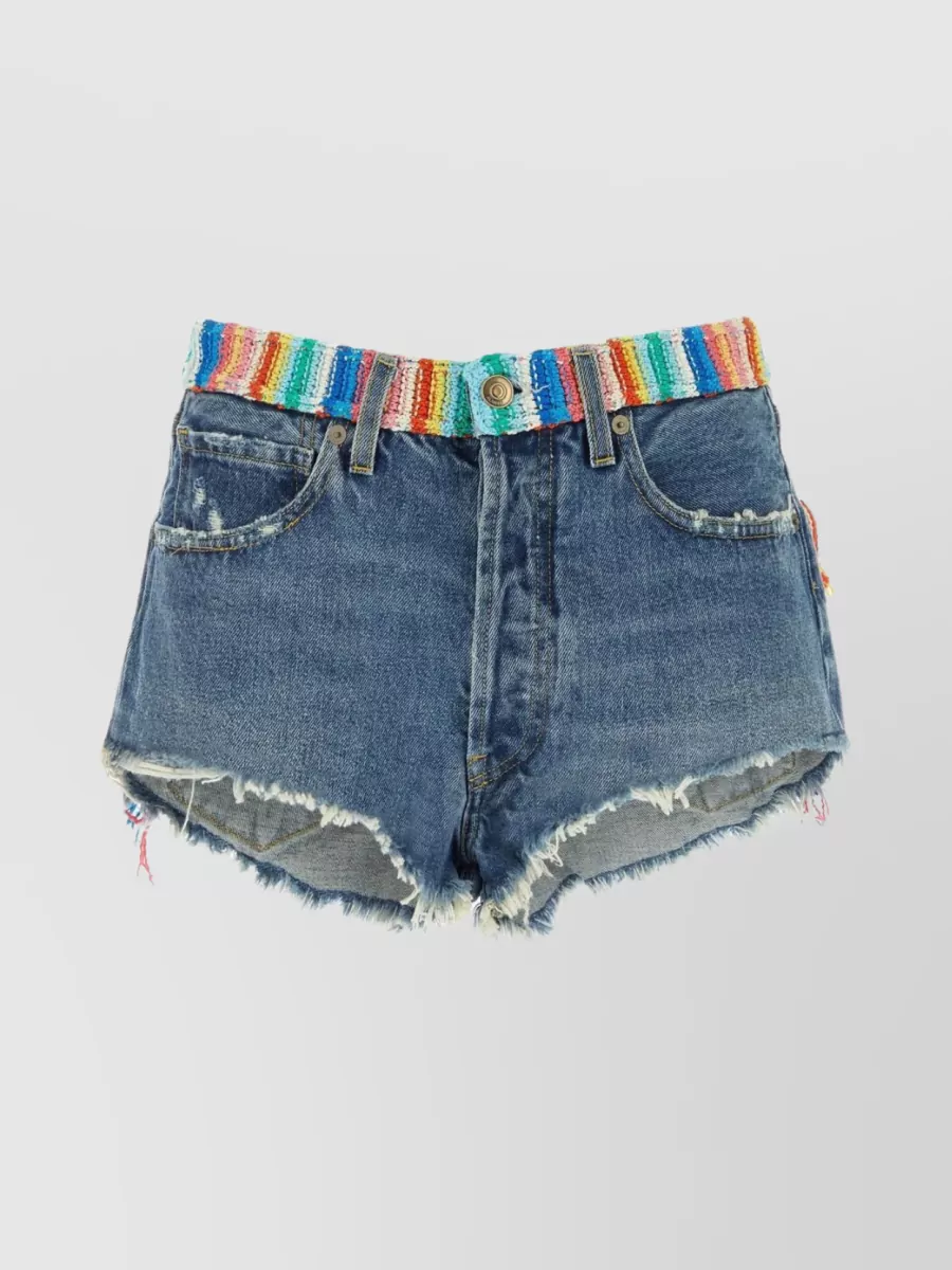 Shop Alanui Over The Rainbow Waist Belted Denim Shorts In Blue