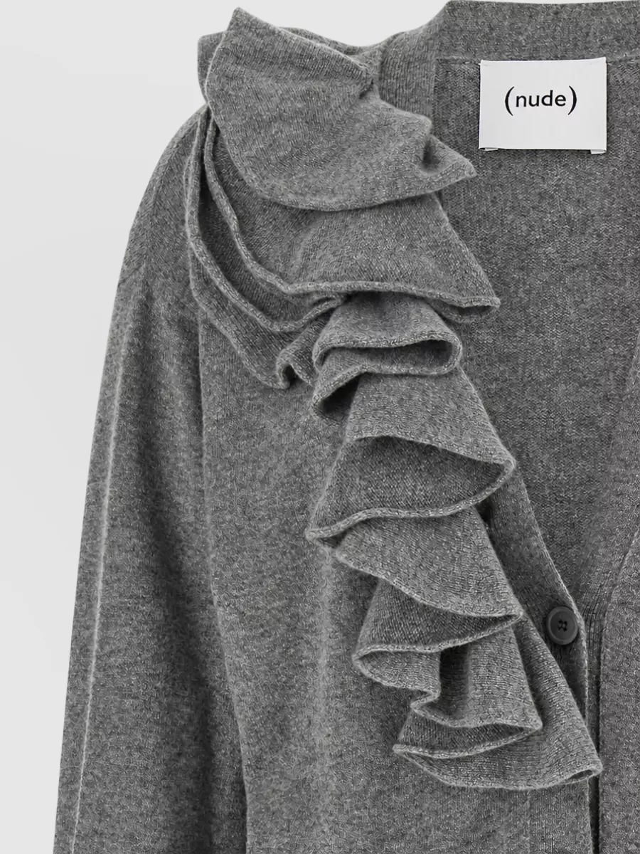 Nude Cashmere-Blend Oversized Ribbed V-Neck Ruffle Cardigan