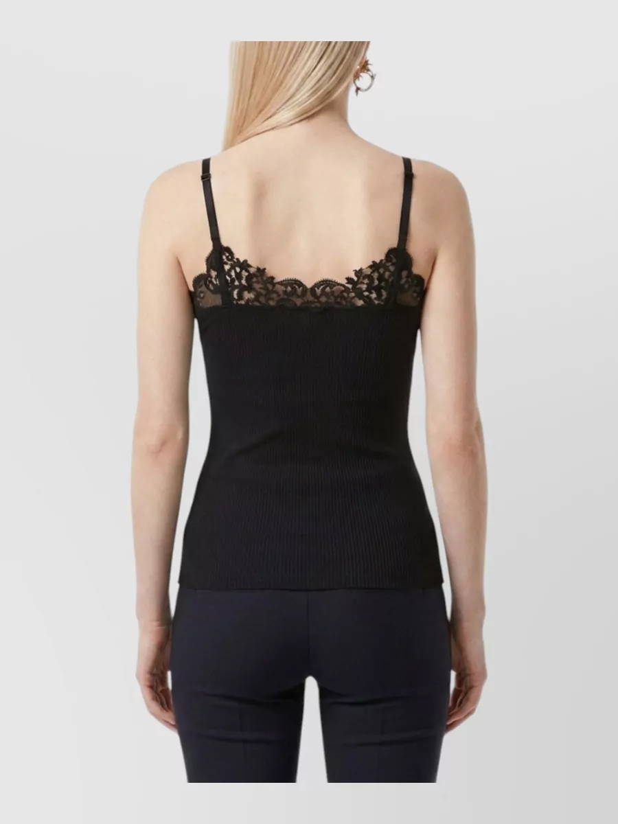 Saint Laurent Silk Ribbed Lace-Trim V-Neck Tank Top