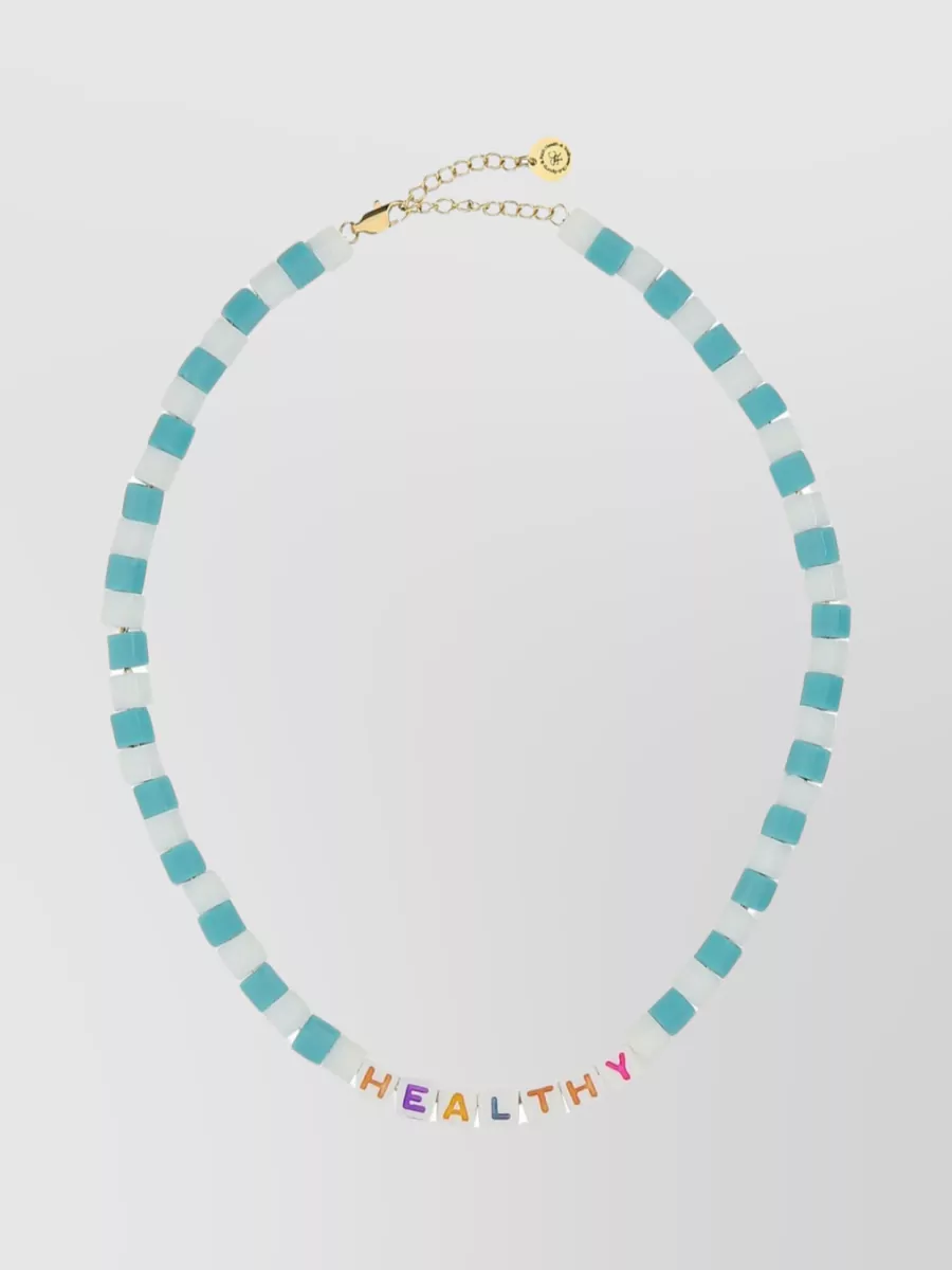 Shop Sporty And Rich Healthy Adjustable Striped Beaded Necklace In Cyan