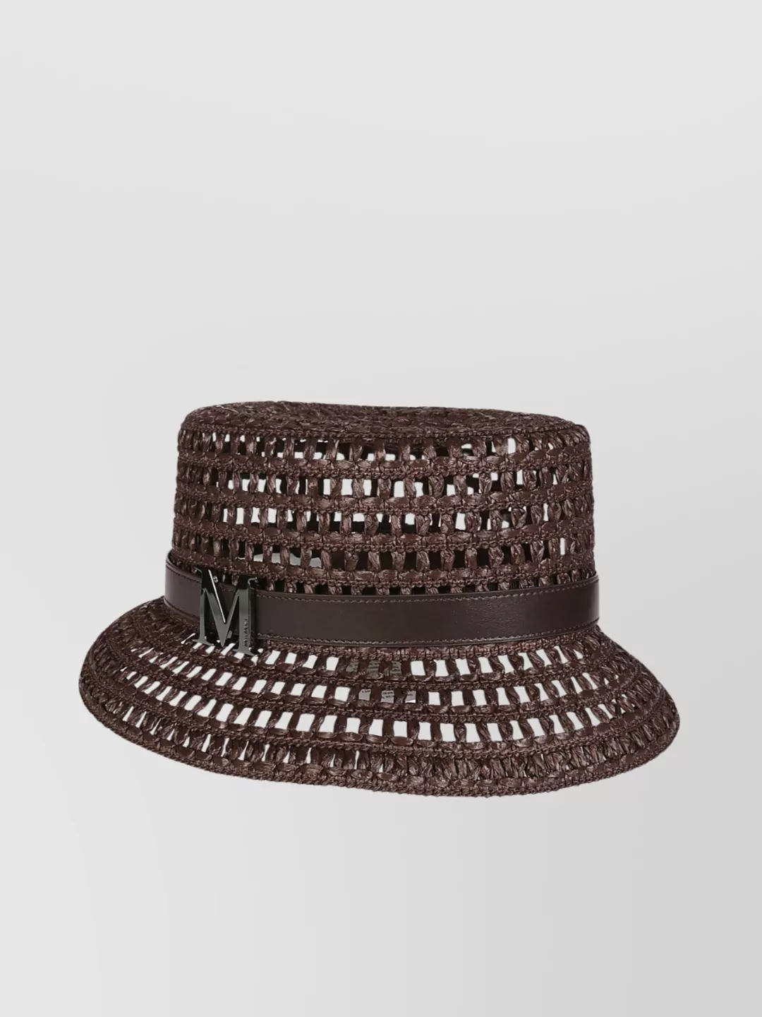 Max Mara Perforated Belted Wide Brim Woven Hat In Brown