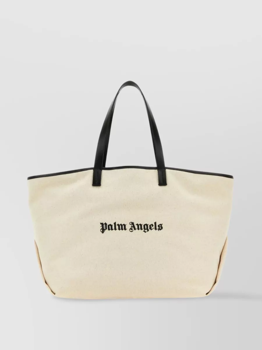 Shop Palm Angels Leather Handle Canvas Tote In Beige