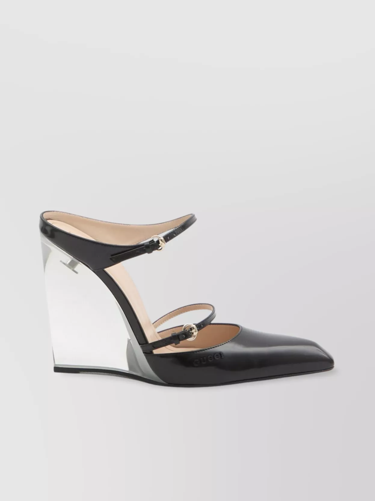 Gucci Glossy Leather Mules With Transparent Wedge Heel