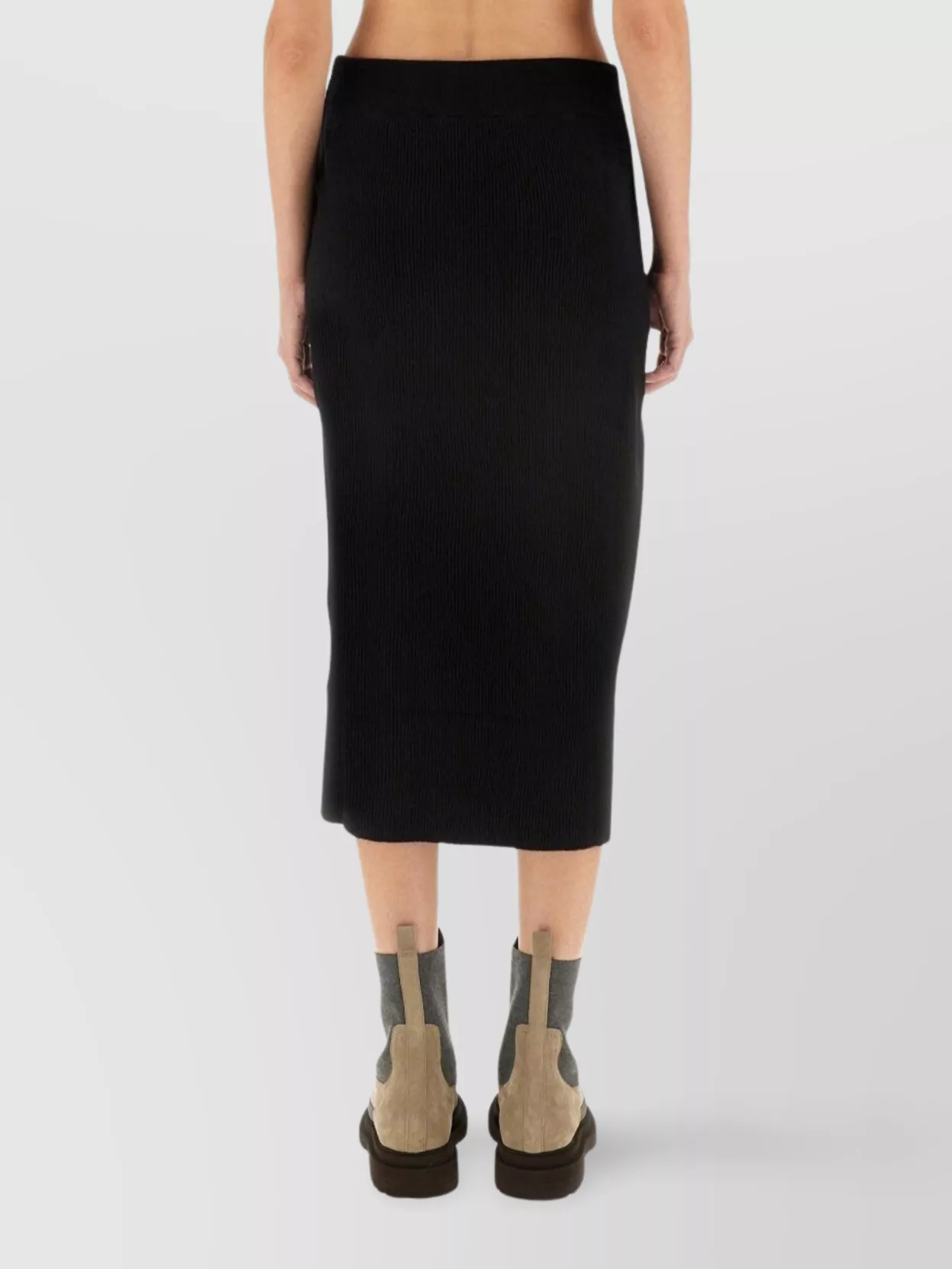 Brunello Cucinelli Ribbed Texture Elastic Waistband Midi Skirt Side Slit