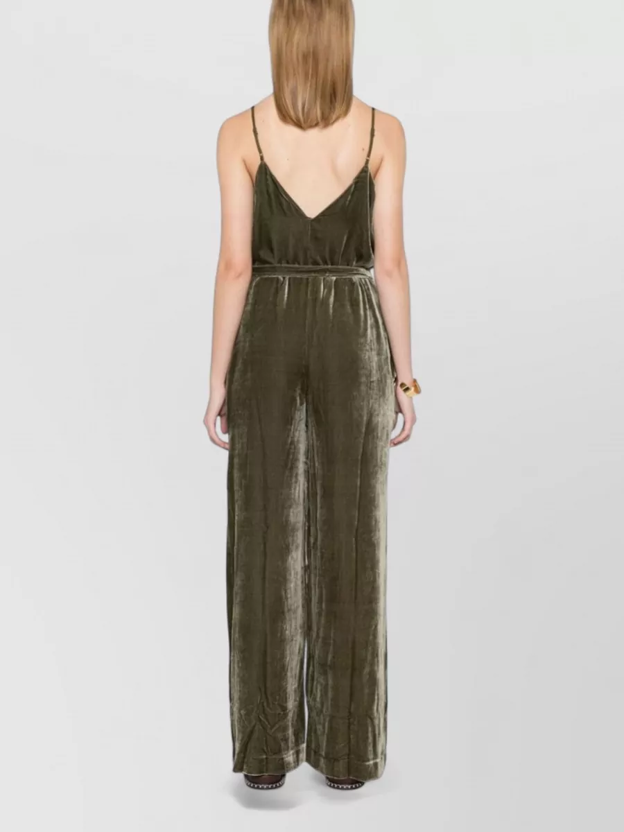 Gold Hawk Silk Velvet V-Neck Sleeveless Belted Wide-Leg Jumpsuit