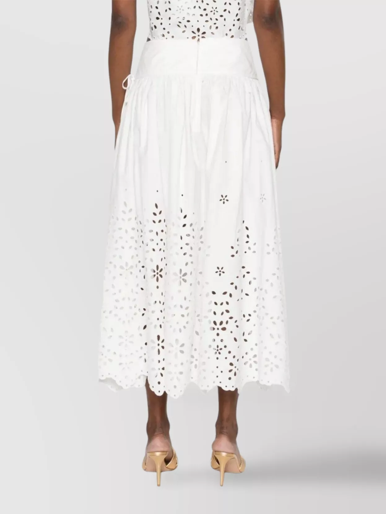 Self-portrait White Midi Skirt With Side Gathered Details And All-over Embroidery In Cotton Woman