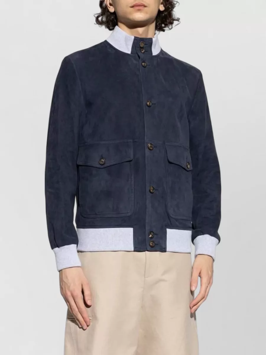 Eleventy Leather Jacket Chest Pockets Front Ribbed Hem