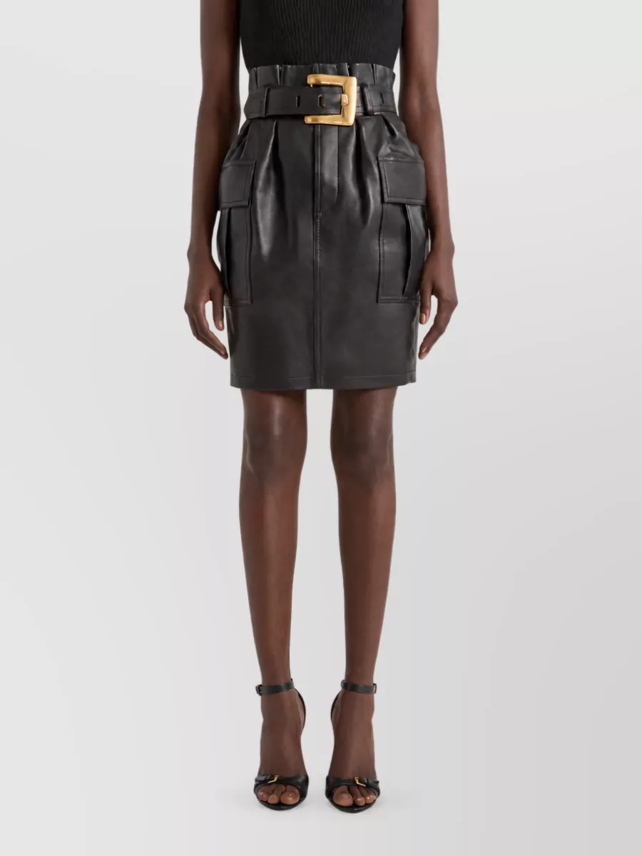 Balmain Leather High-Rise Belted Knee-Length Fitted Skirt