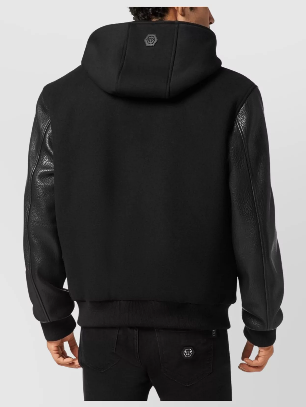 Philipp Plein Logo Bomber Jacket With Hood And Leather Sleeves