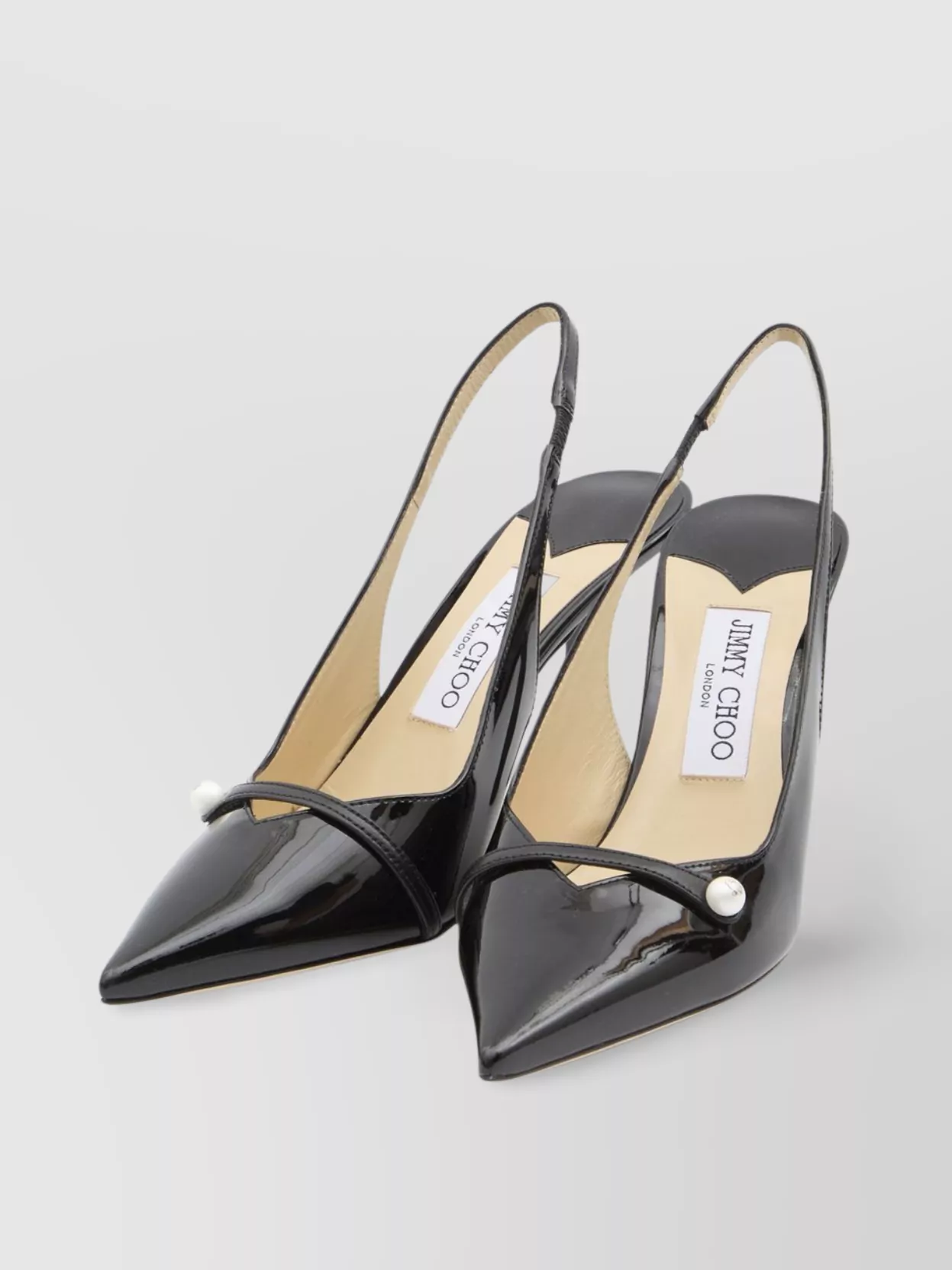 Jimmy Choo Button Detail Patent Pointed Stiletto Pumps In Silver
