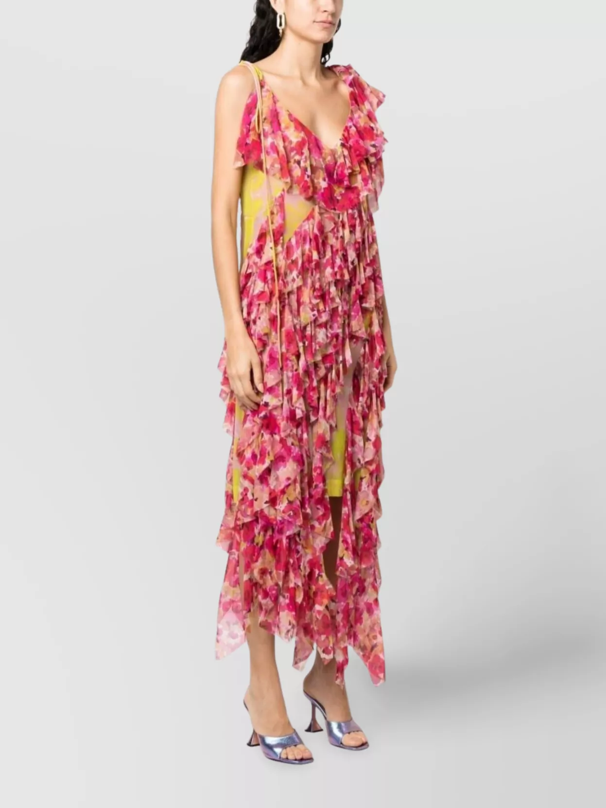 Dries Van Noten Floral Ruffled Sleeveless Dress With Asymmetric Hem