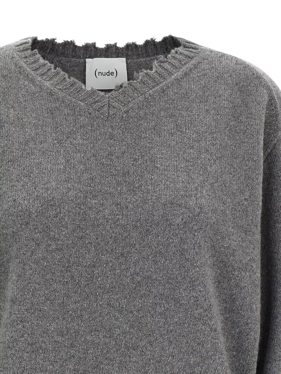 Nude Cashmere V-Neck Frayed-Hem Sweater