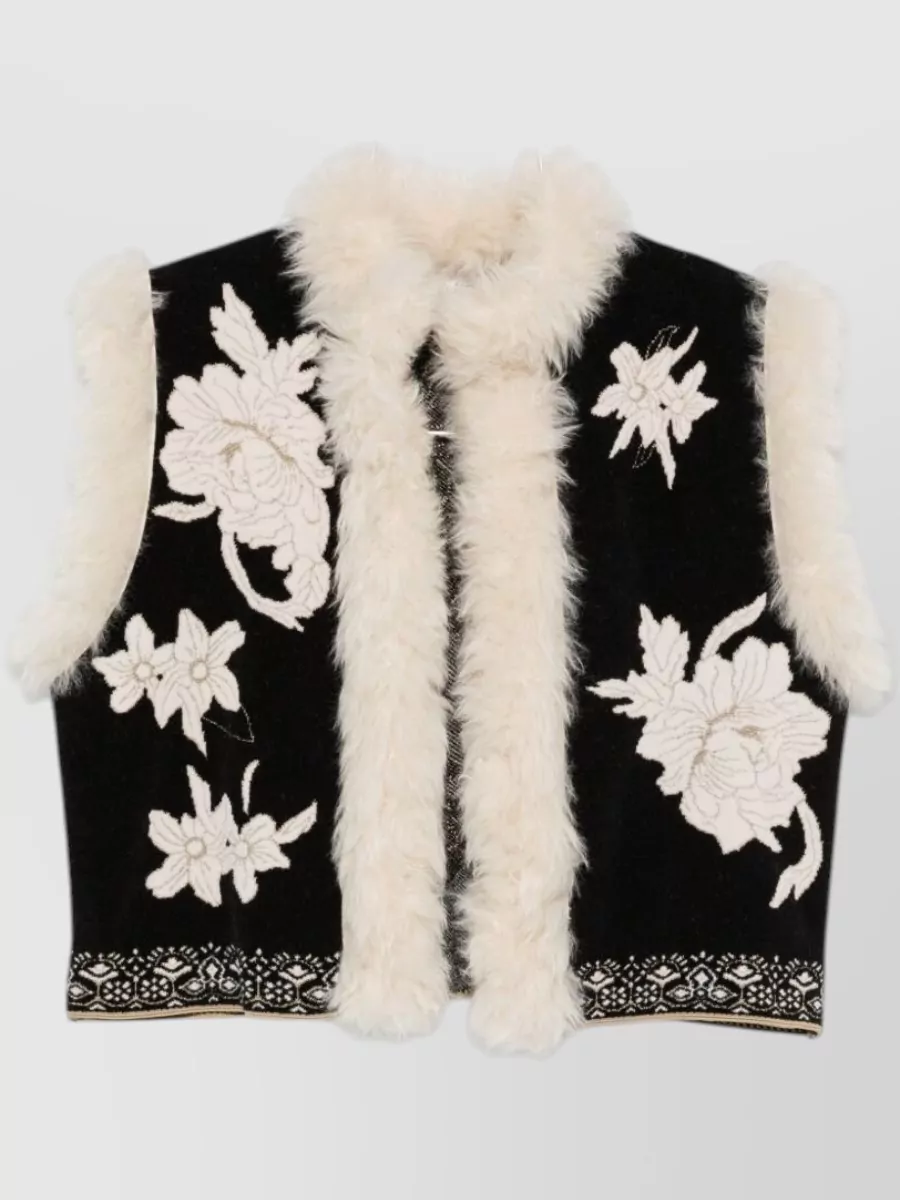 Forte Forte Floral Embroidered Faux Fur Trim Sleeveless Vest