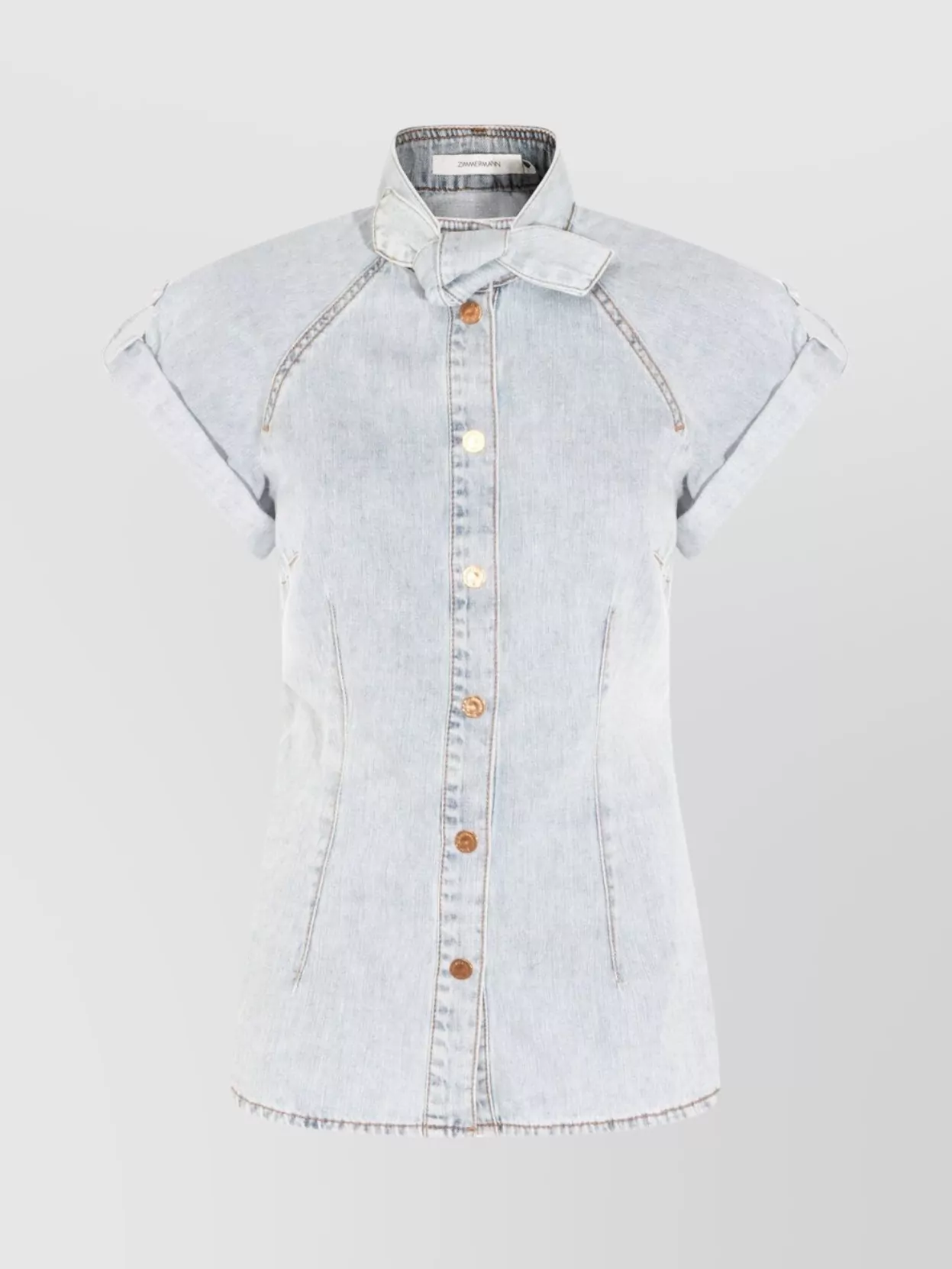 Zimmermann Denim Tie-Neck Short-Sleeve Shirt