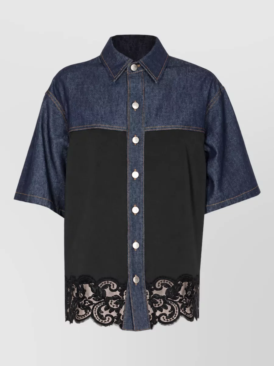 Stella Mccartney Denim shirt — The Stella McCartney boxy denim and lace shirt hits the same romantic streetwear note as the patchwork shorts while its darker palette anchors the busy pattern mix and keeps the silhouette modern.