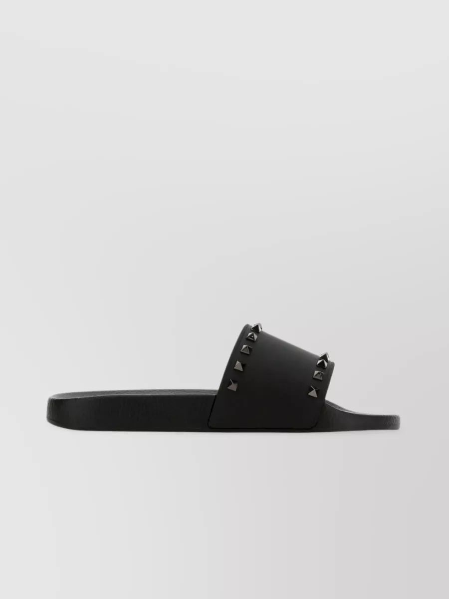 Shop Valentino Studded Band Slippers With Flat Sole In Black