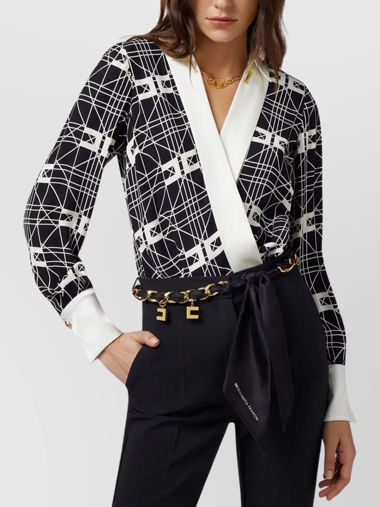 Elisabetta Franchi Wrap V-Neck Geometric Long Sleeve Shirt