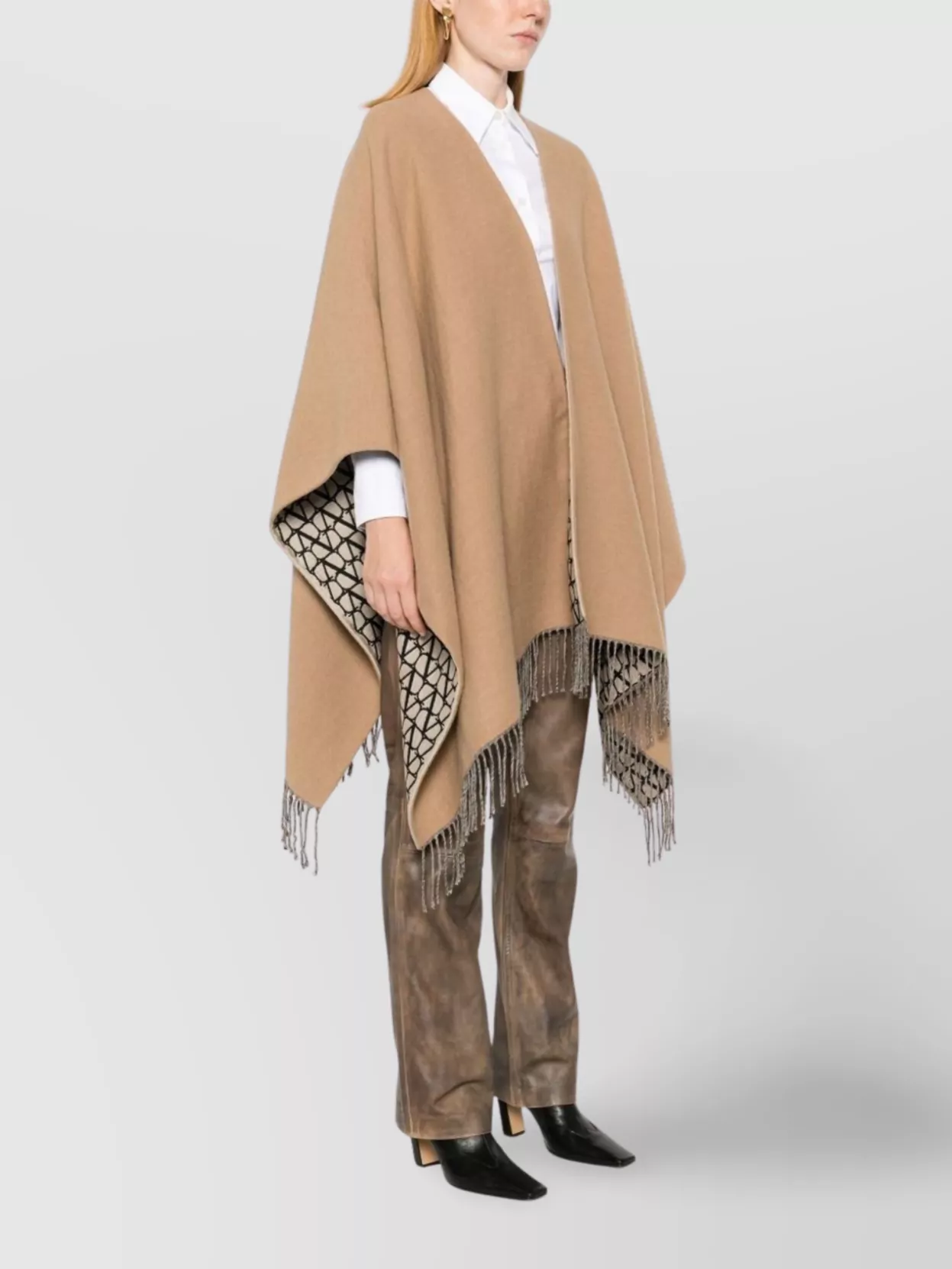 Valentino Fringed Geometric Jacquard Cape Poncho