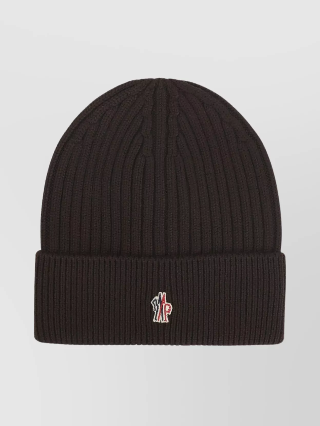Moncler L Beanie Hat With Logo Patch In Brown