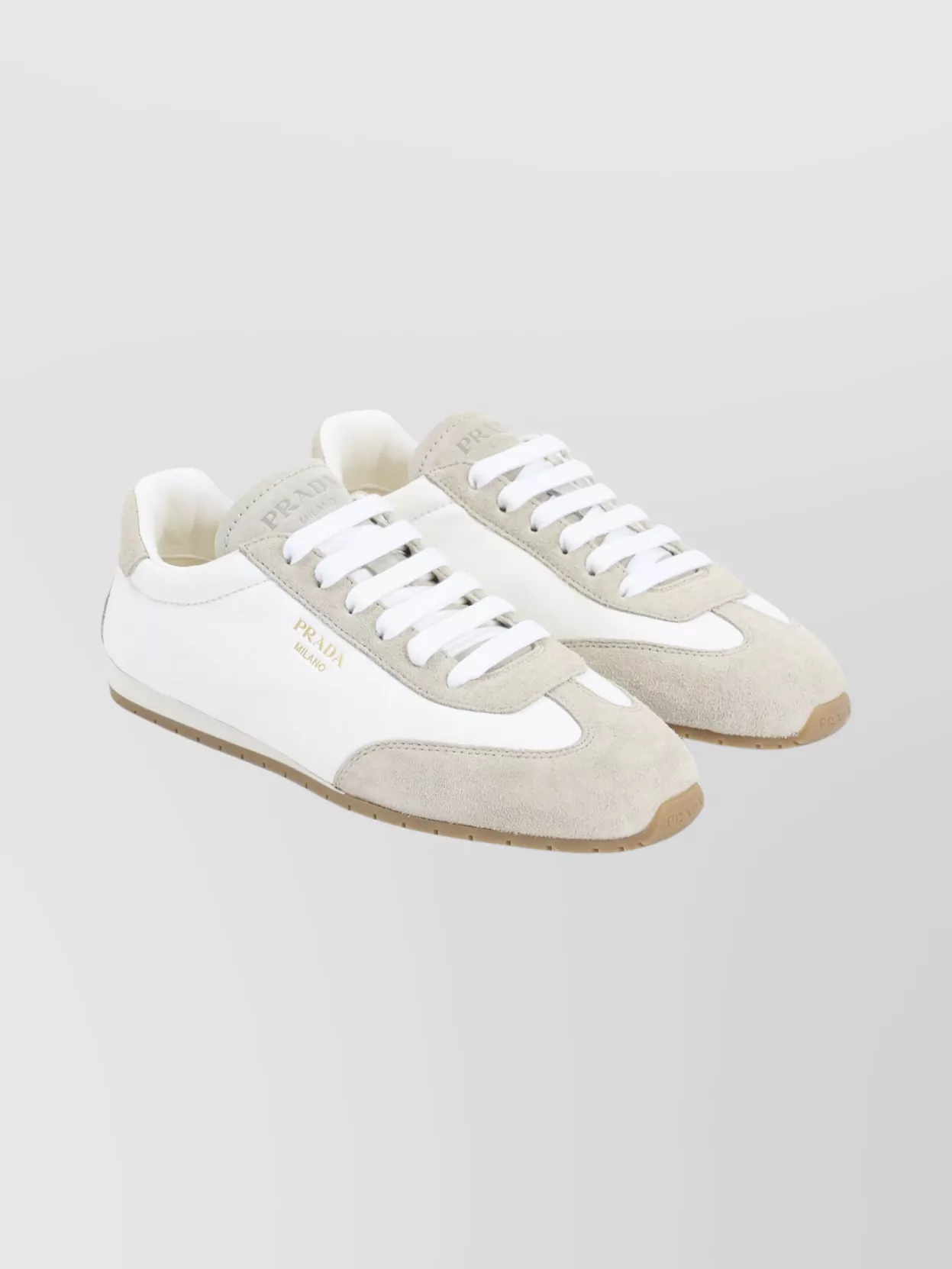 Prada Ivory And Beige Calf Leather Sneakers In White