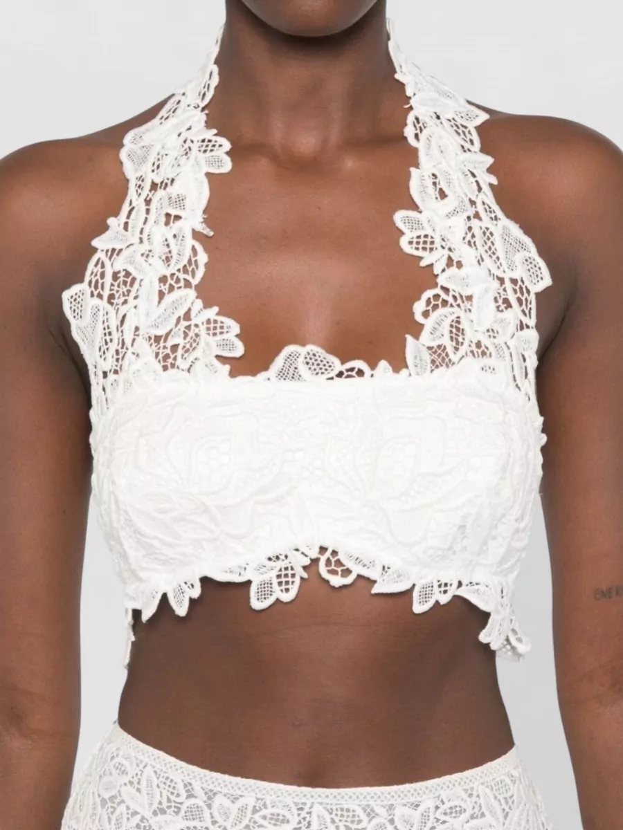 Ermanno Scervino Linen Floral Lace-Trim Halterneck Sleeveless Cropped Top