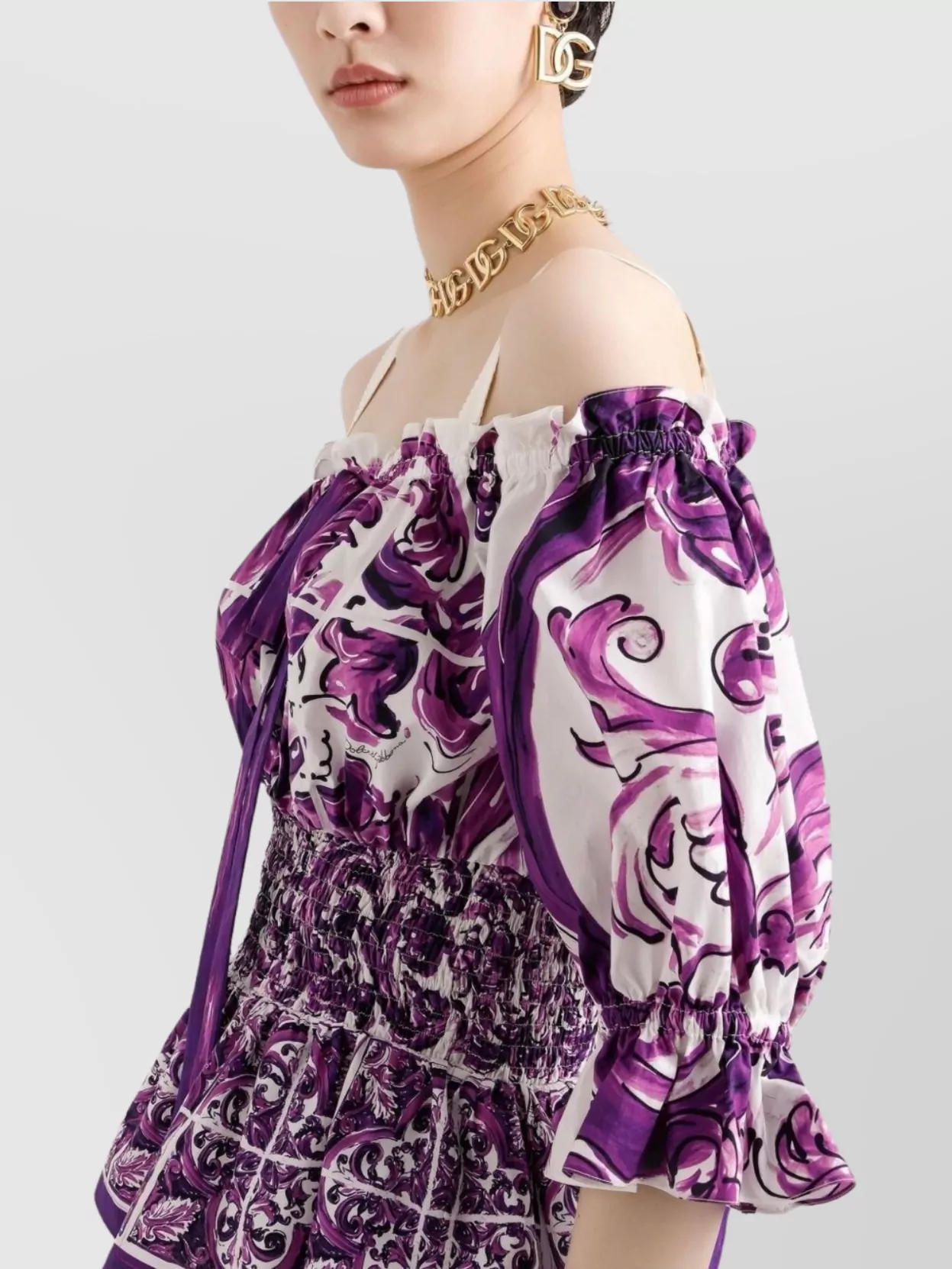 Dolce & Gabbana Smocked Waist Off-the-shoulder Top With Puff Sleeves In Purple