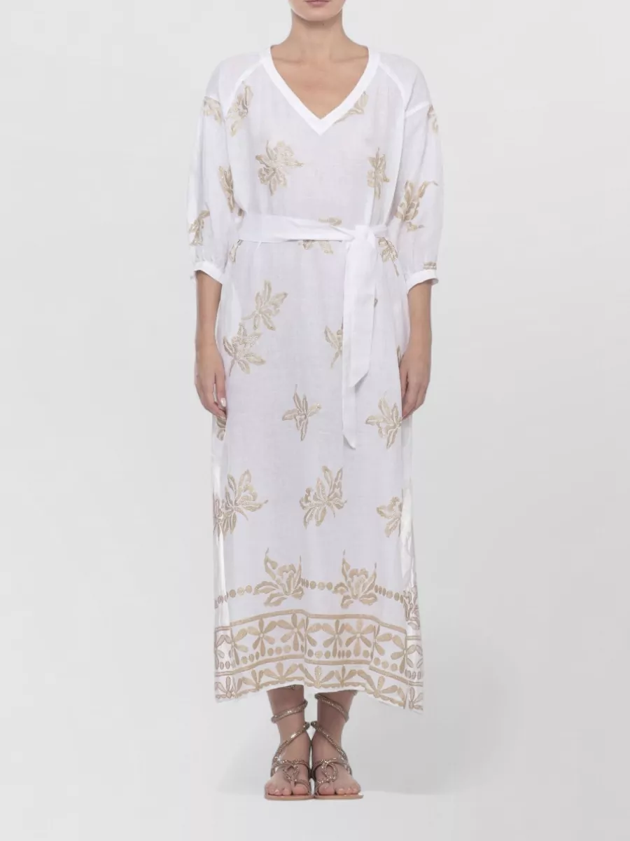 120% Lino Linen V-Neck 3/4-Sleeve Floral-Print Knee-Length Beach Cover-Up
