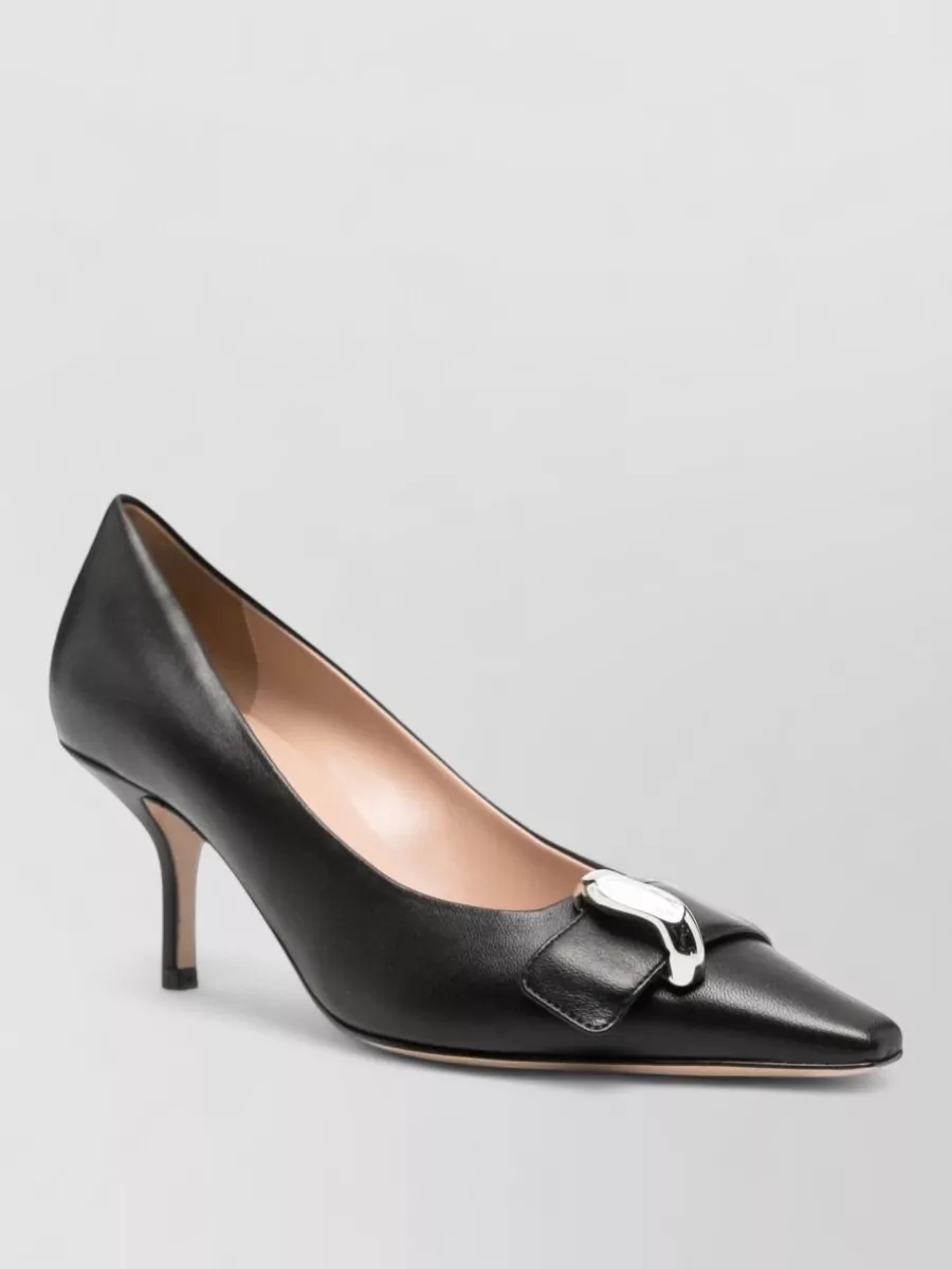 Emporio Armani Leather pointed-toe stiletto-heel pumps — The Emporio Armani black pointed kitten-heel pump is formal enough for level-4 tailoring, elongates the leg under slim trousers and stays aligned with the blazer’s quiet, polished mood.