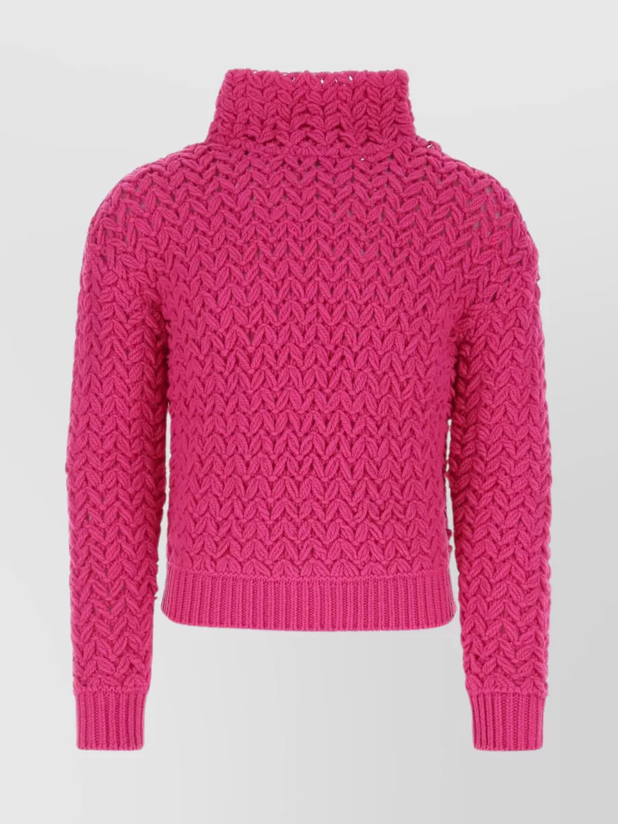 Shop Valentino Wool Sweater With Cable Knit And Embellishments In Pink
