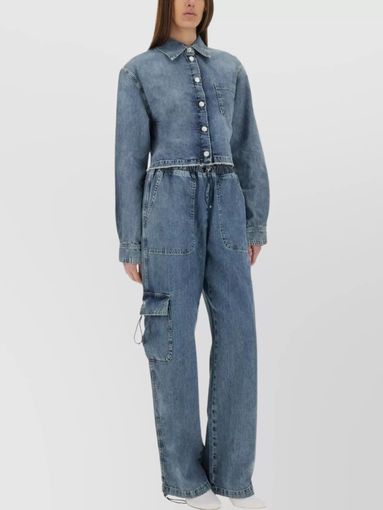 Shop Moschino Pocketed Cropped Denim Jacket