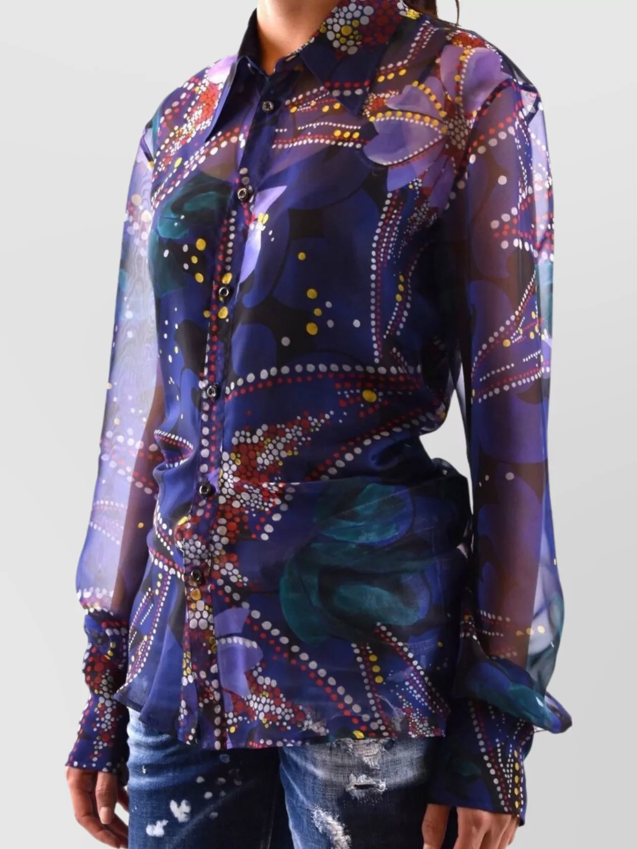 Dsquared2 Abstract Print Collared Neck Long Sleeves Sheer Fabric In Blue